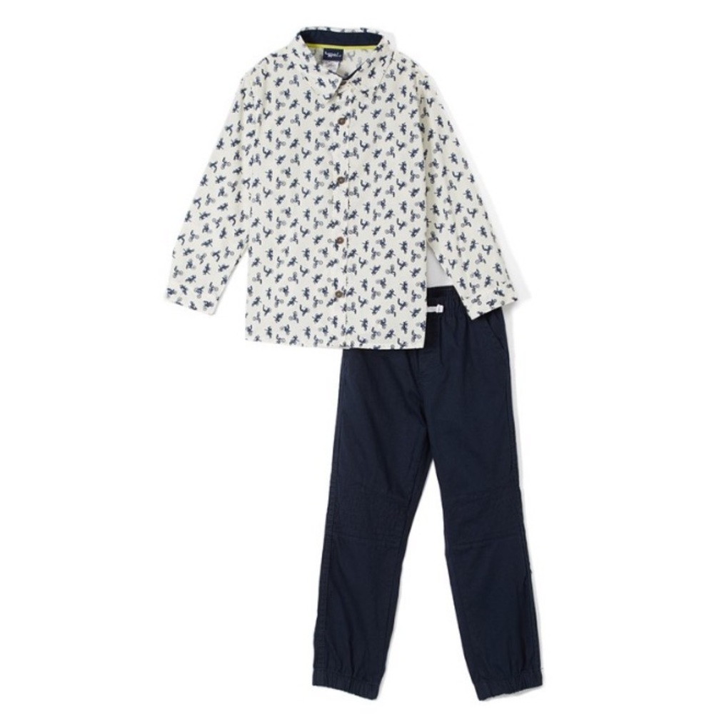 Little Rebel Off-White Button Up Top & Navy Ribbed Joggers boys motorcycle print